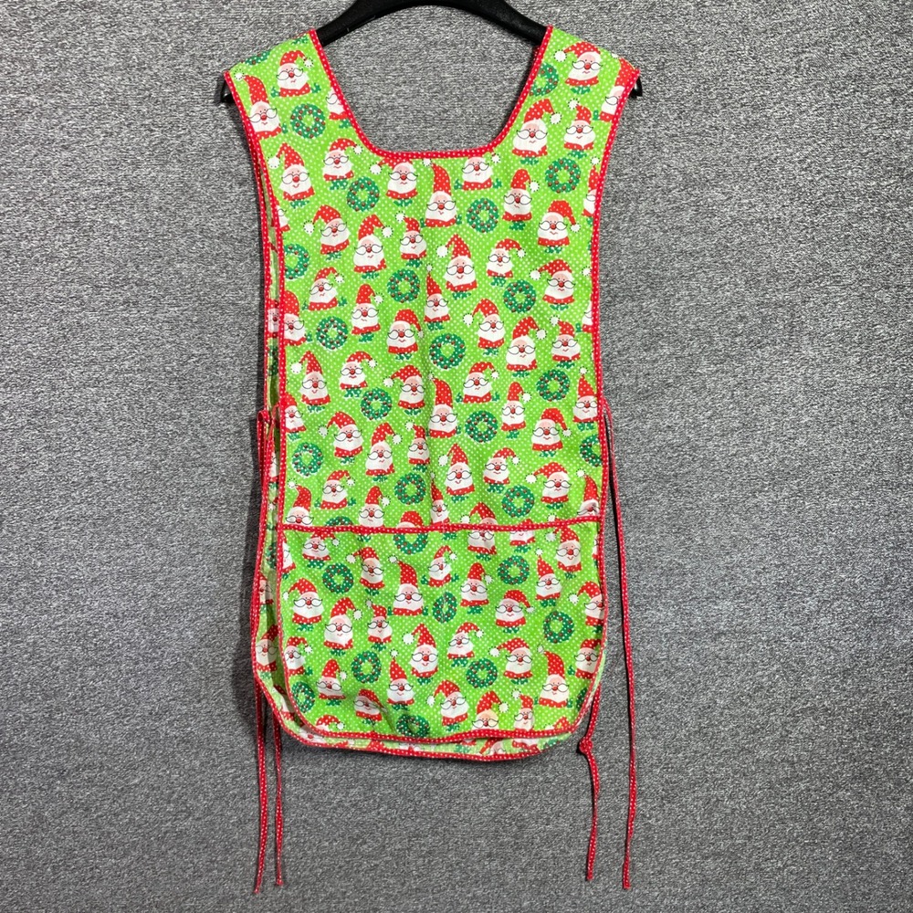 Vintage Christmas Santa Claus Cobbler Apron Green Red Holiday Smock Pockets Tie